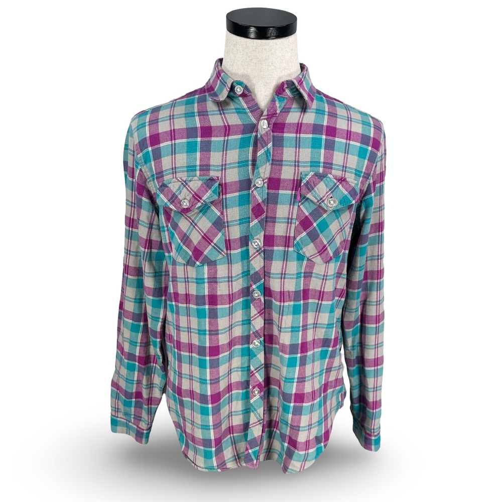Mishka Brooklyn New York Mens Large Plaid Flannel Button Down Shirt Purple Gray